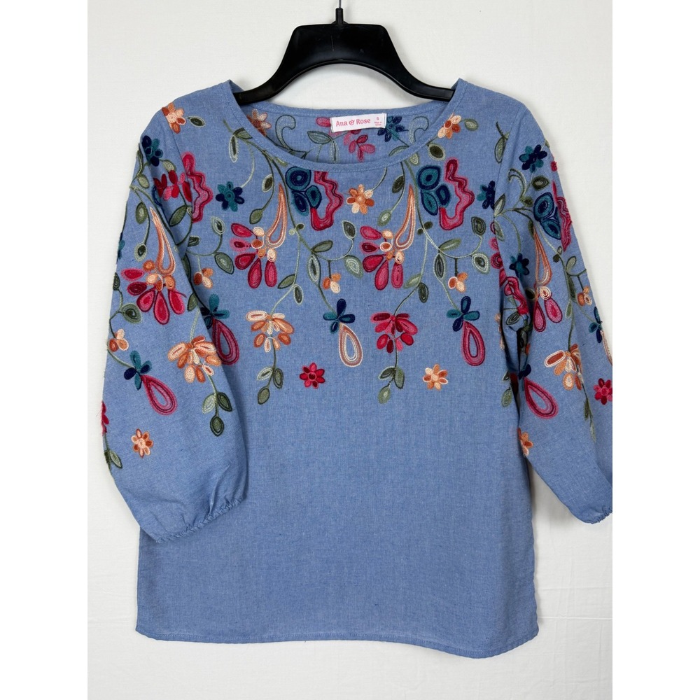 Ana &‎ Rose Embroidered Floral Blouse Women's S Blue 3/4 Sleeve Boho Top